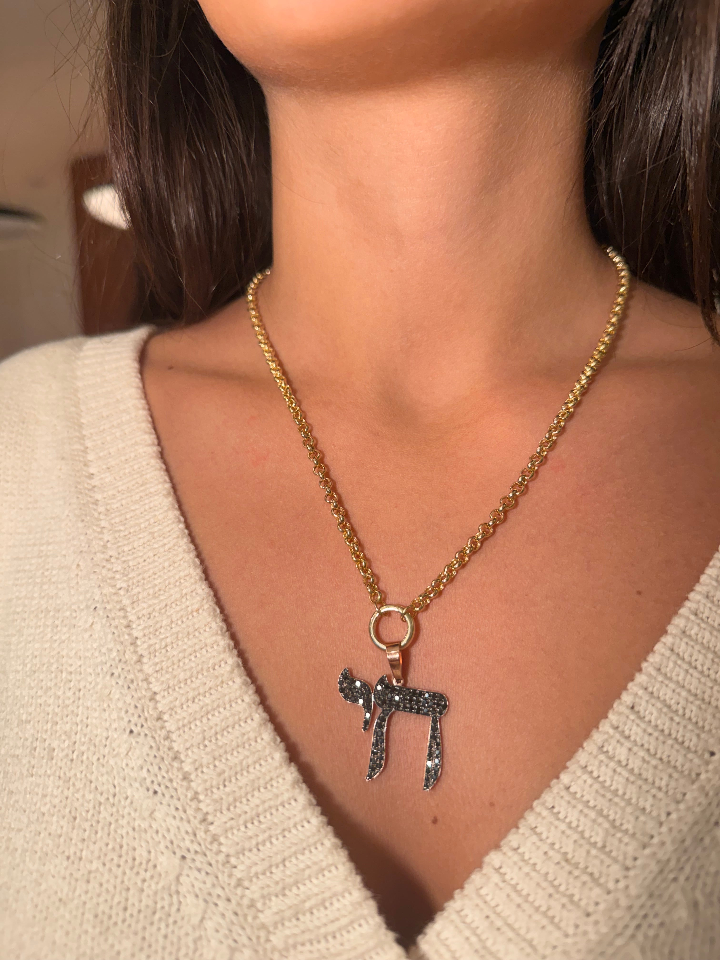 The Big Mamaleh Black Diamond L'Chaim Necklace on Gold Chain Options