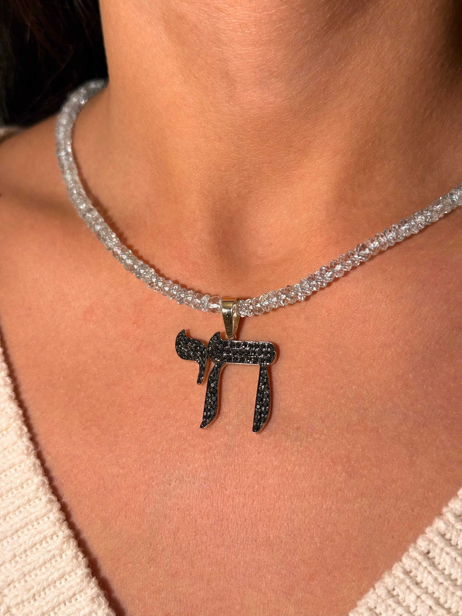 The Big Mamaleh Black Diamond L'Chaim Necklace on Colorful Gemstone Chain