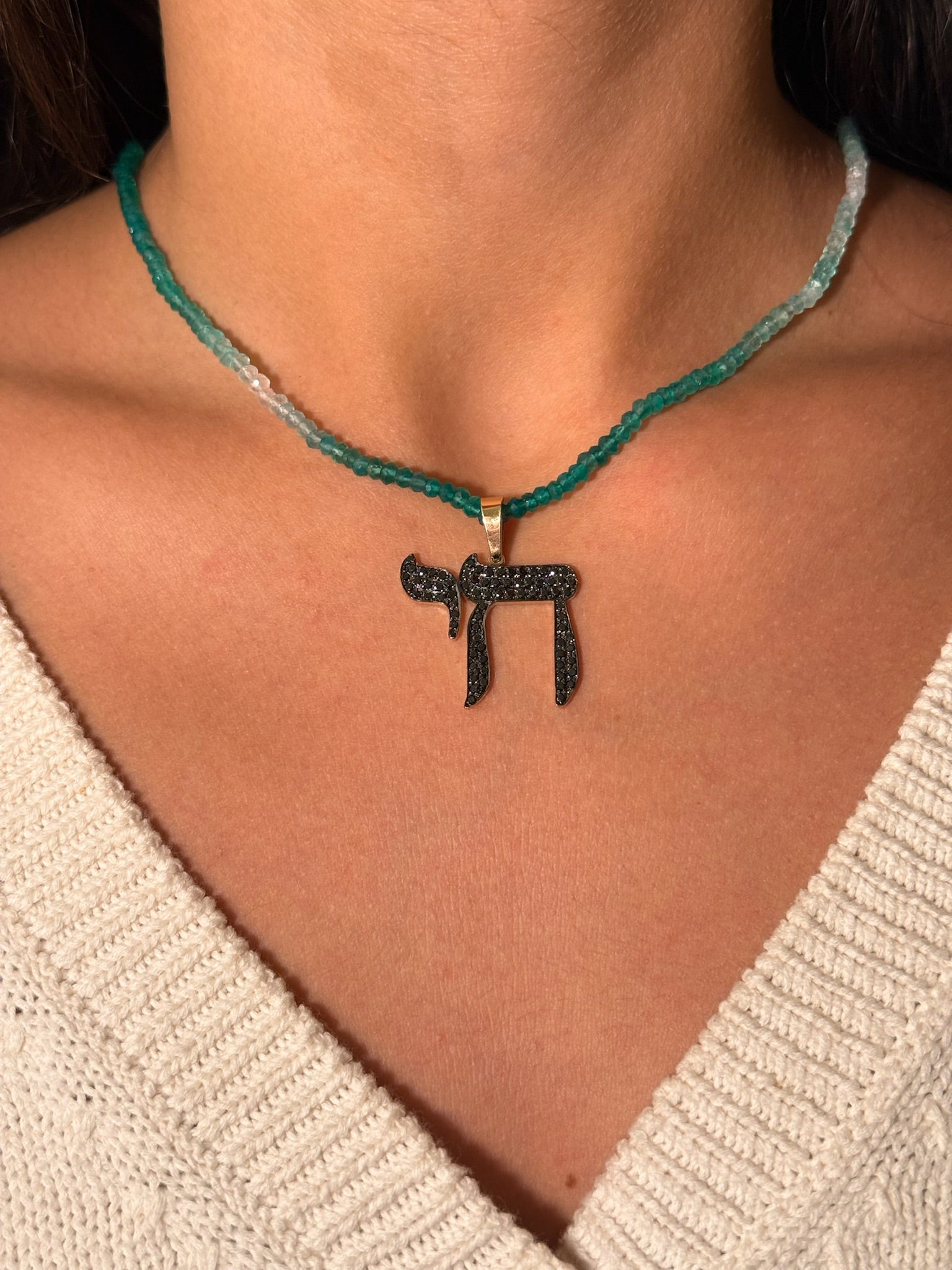 The Big Mamaleh Black Diamond L'Chaim Necklace on Colorful Gemstone Chain