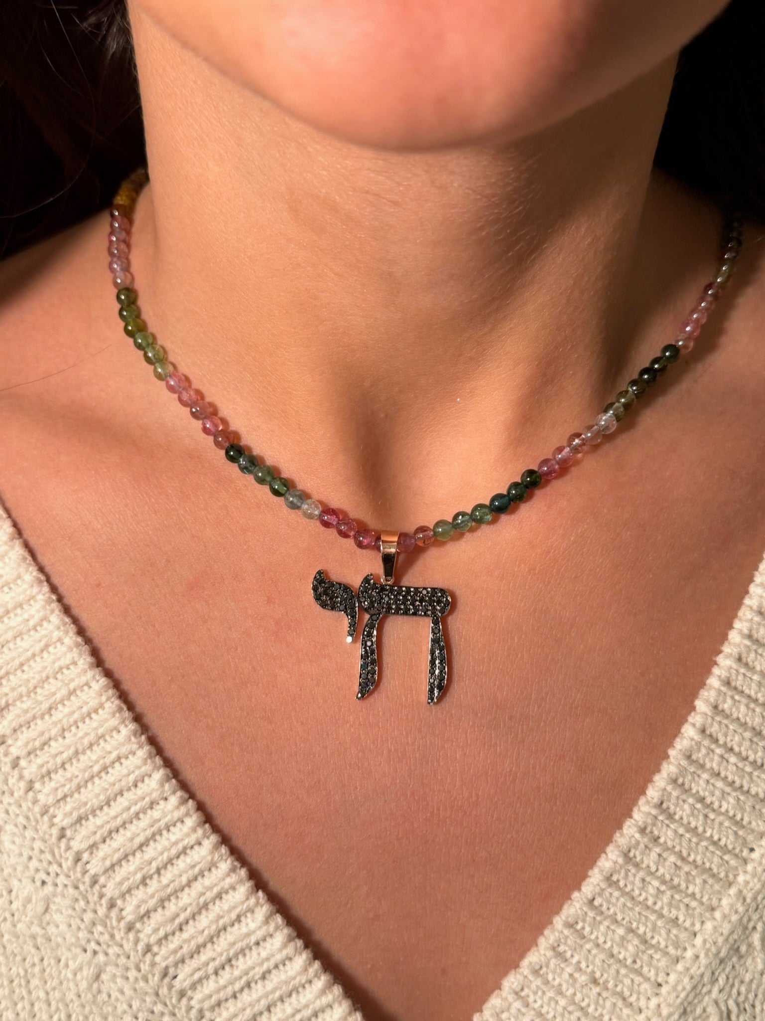 The Big Mamaleh Black Diamond L'Chaim Necklace on Colorful Gemstone Chain