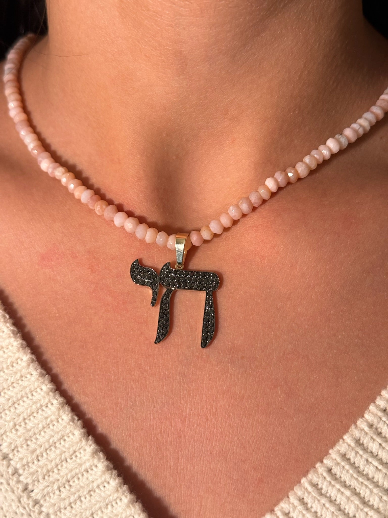 The Big Mamaleh Black Diamond L'Chaim Necklace on Colorful Gemstone Chain