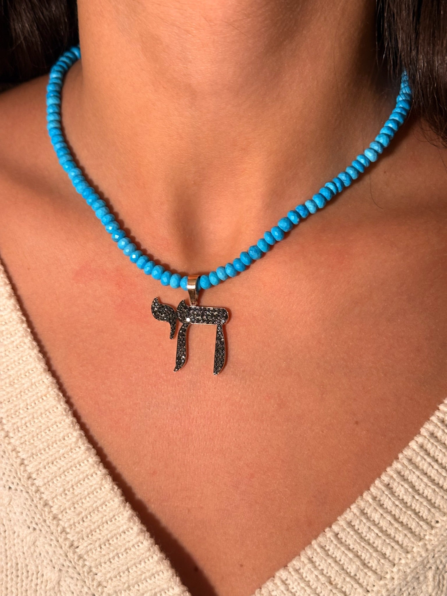 The Big Mamaleh Black Diamond L'Chaim Necklace on Colorful Gemstone Chain