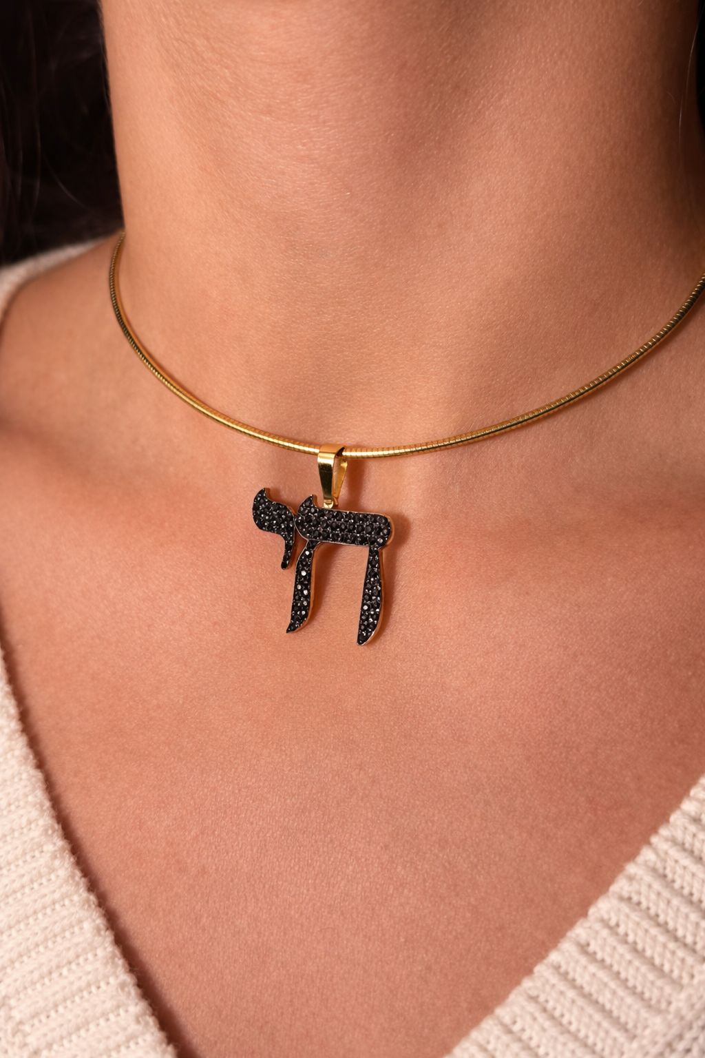 The Big Mamaleh Black Diamond L'Chaim Necklace on Halo Chain