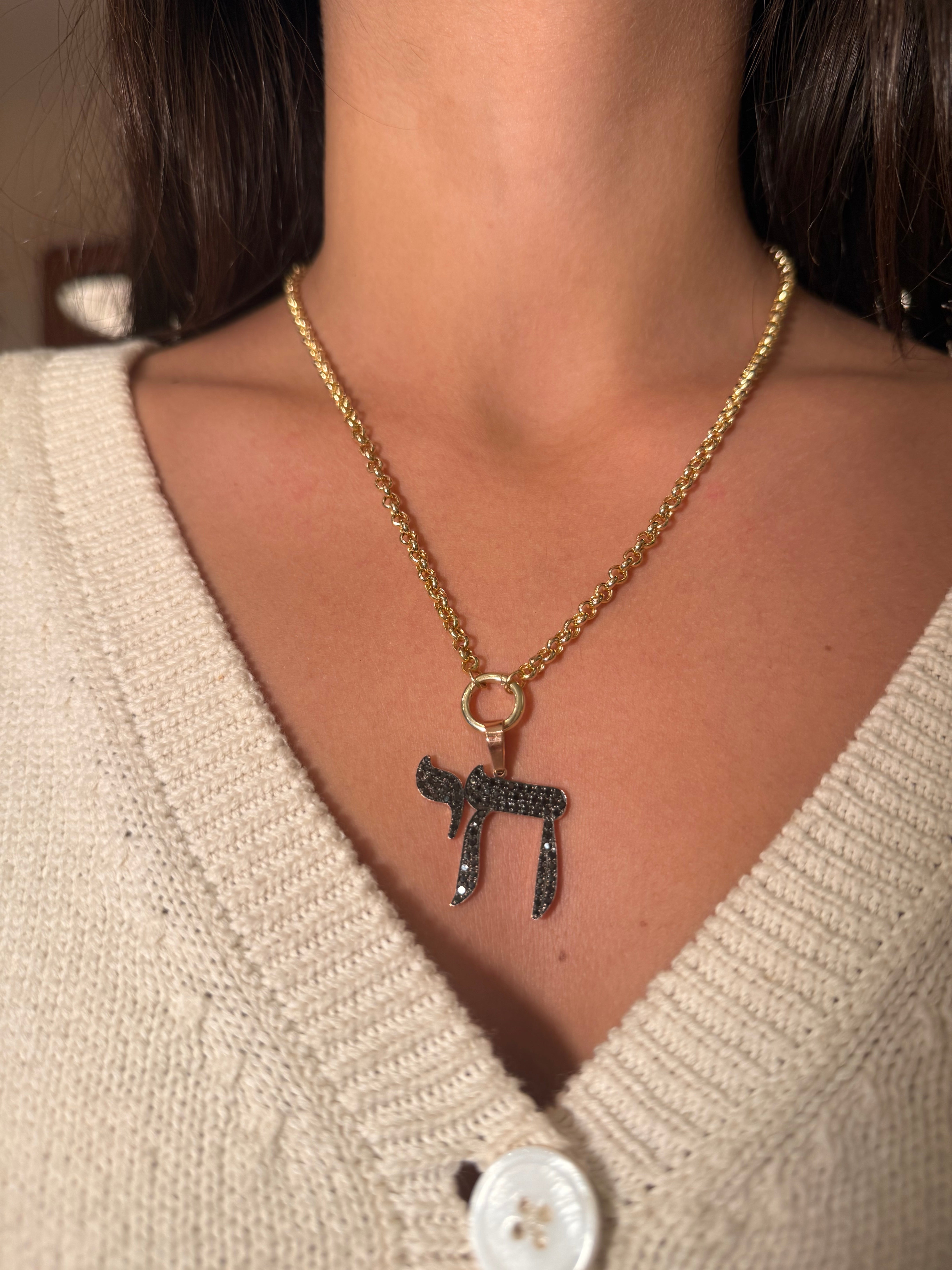 The Big Mamaleh Black Diamond L'Chaim Necklace on Gold Chain Options