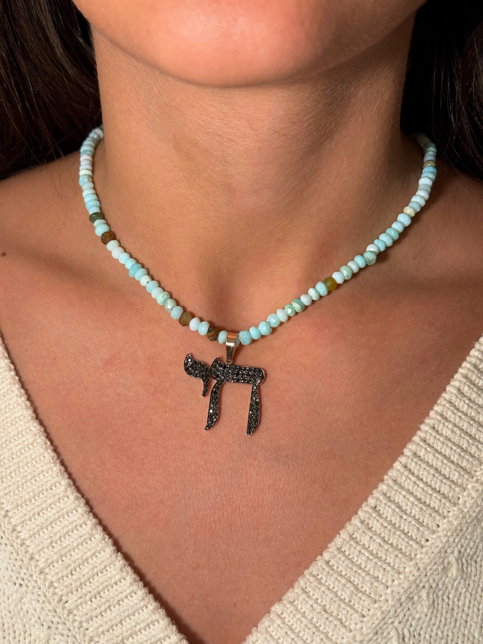 The Big Mamaleh Black Diamond L'Chaim Necklace on Colorful Gemstone Chain