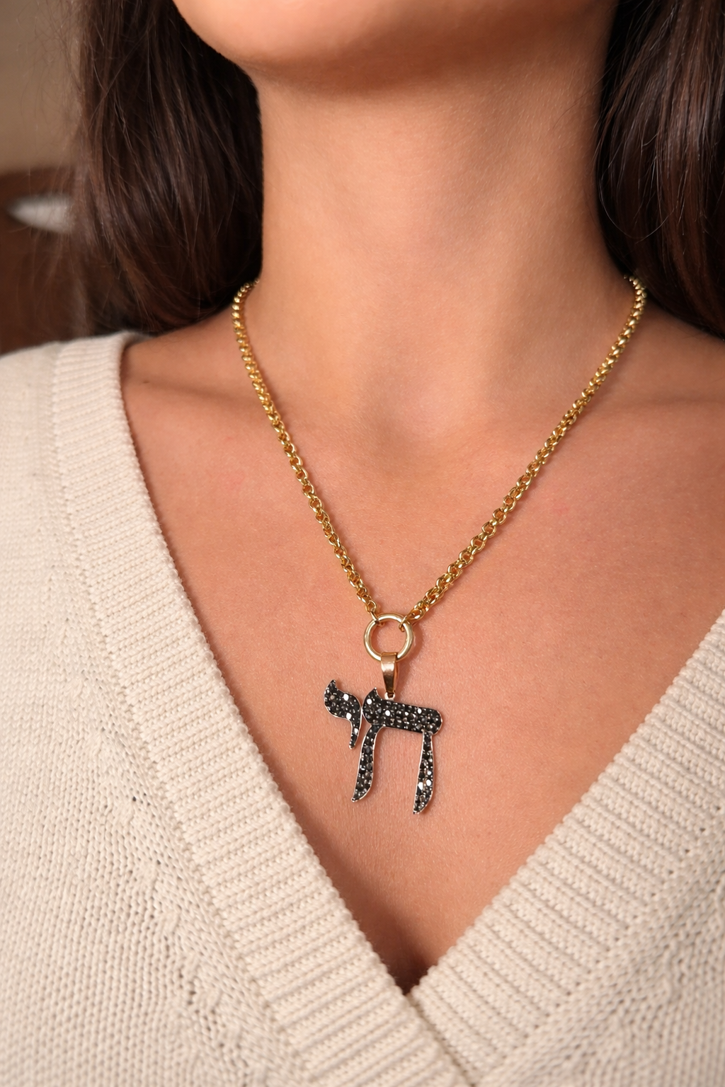The Big Mamaleh Black Diamond L'Chaim Necklace on Chunky Chain